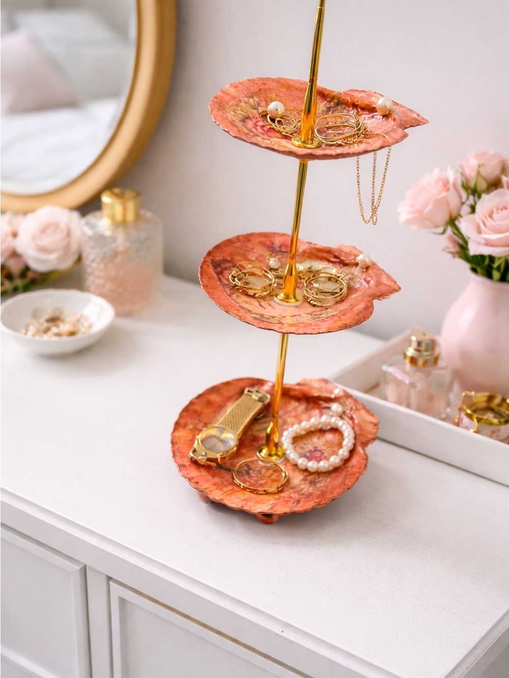 Elegant 3-Tier Coral Jewelry Stand made with shells ornamentally decorated.